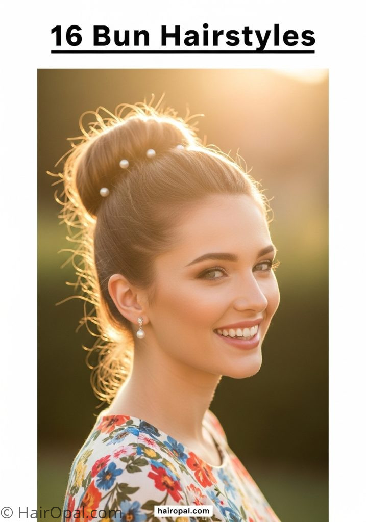 Woman with elegant bun hairstyle pearl pins with text 16 bun hairstyles