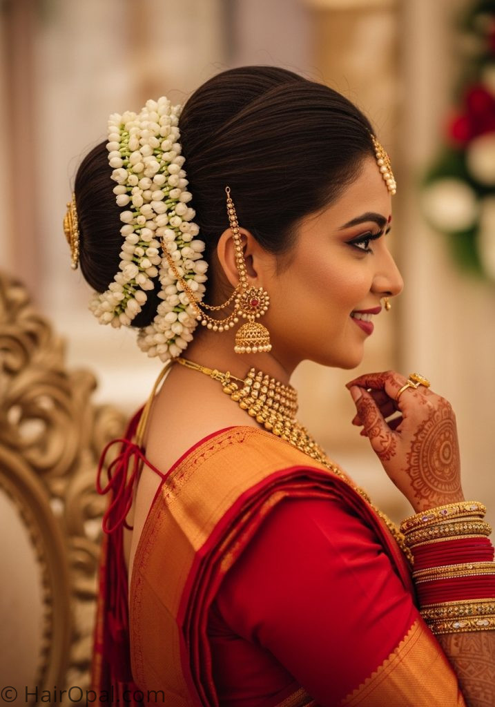 Indian bride with gajra bun hairstyles for wedding indian traditional