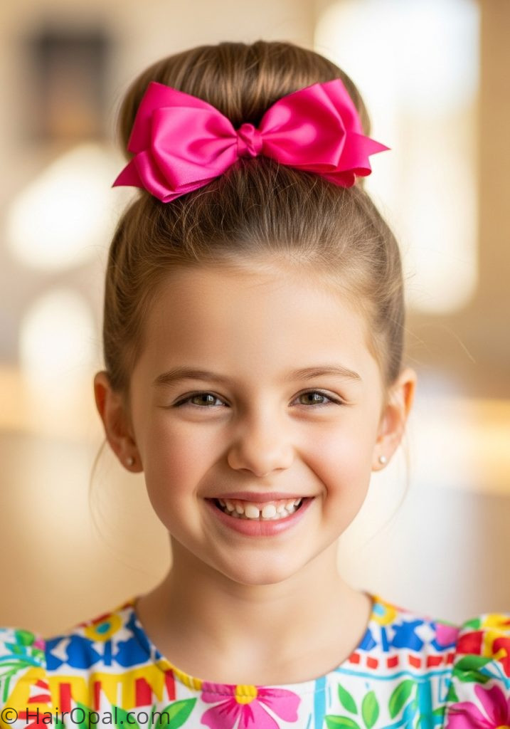 Young girl with ribbon bow bun hairstyles for kids