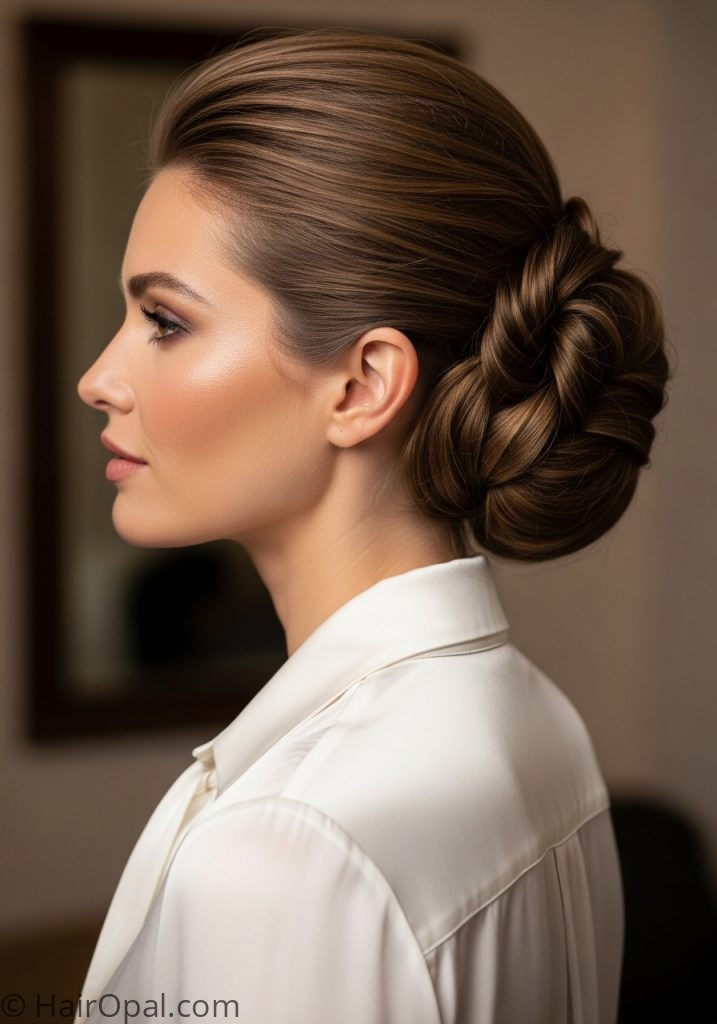 Woman with twisted bun hairstyles for long hair elegant