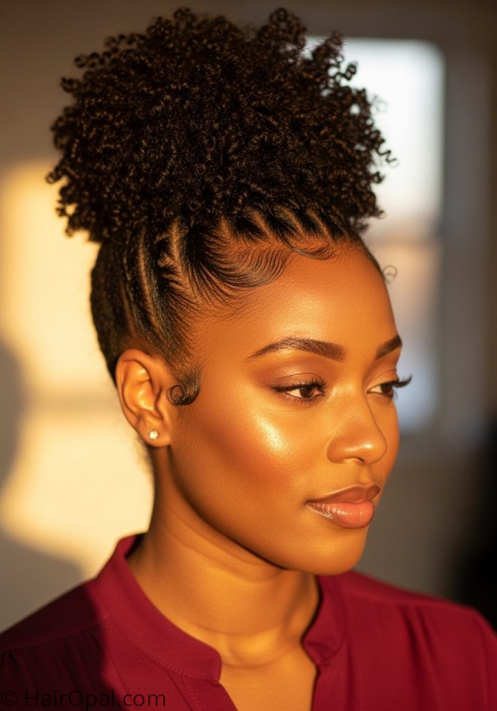 Black woman with natural hair puff bun hairstyles for black women