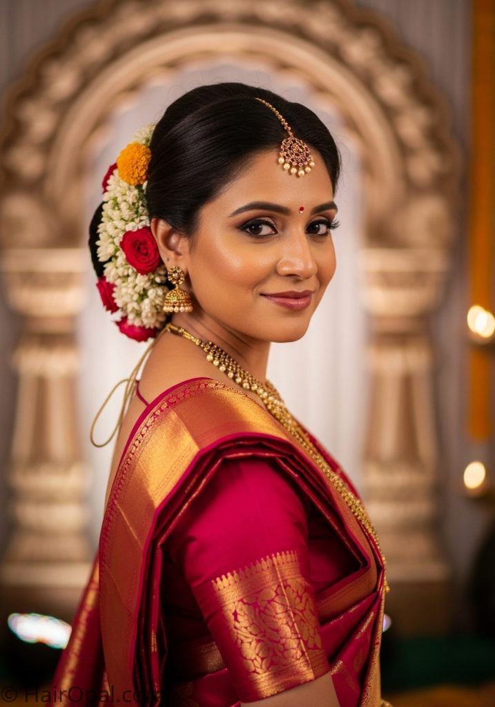 Indian woman with flower bun hairstyles for saree occasion