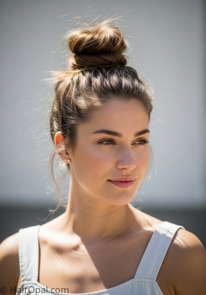 Woman with top knot bun hairstyles easy casual look