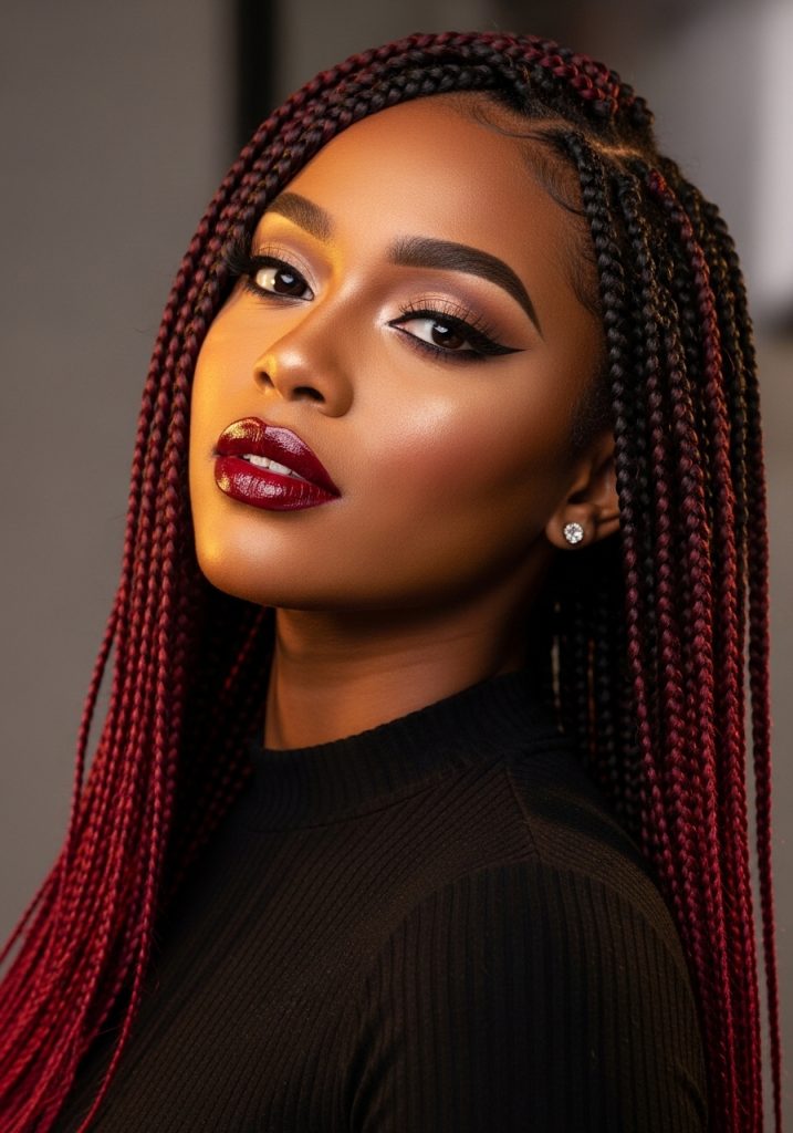  Woman with burgundy ombre braids hairstyle, dark to wine red color fade