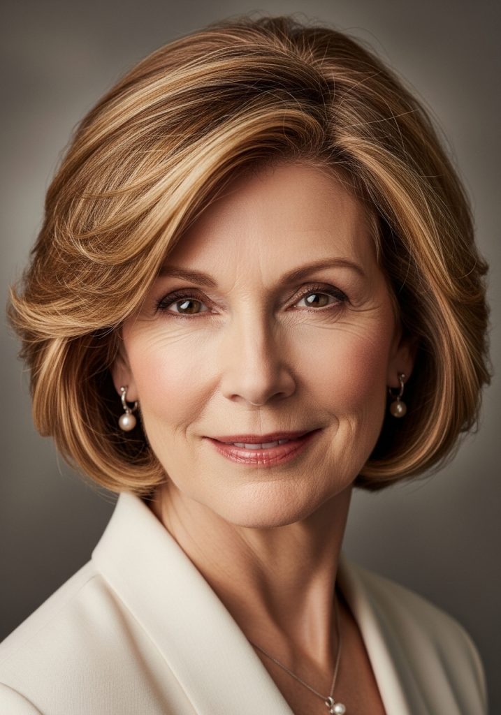 Older woman with classic short layered bob haircut, timeless and elegant look