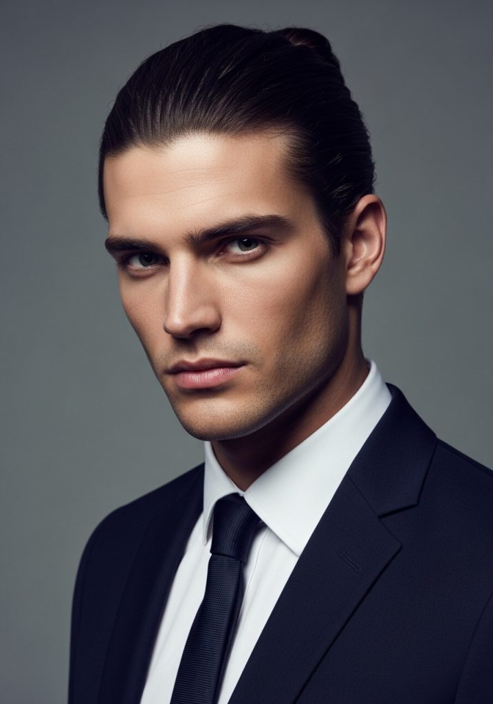 Gent with classic man bun long hair style, clean and stylish look 2026 