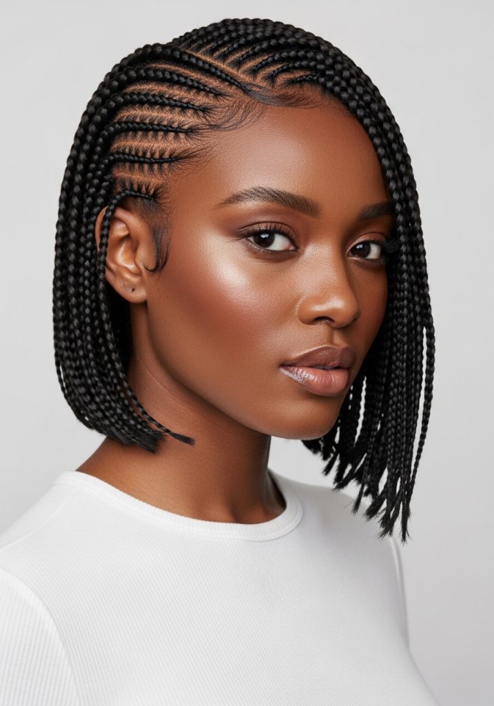 Black woman with cornrow bob hairstyle, short and sleek modern look