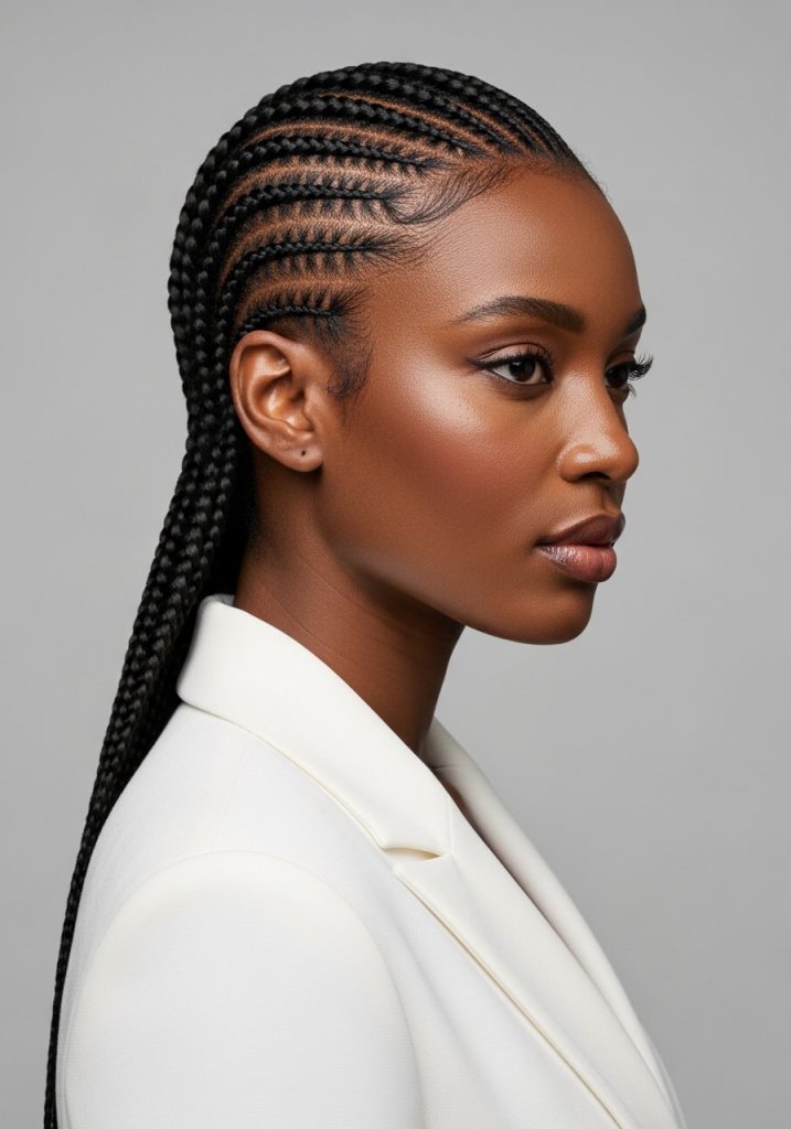 Woman with cornrow braids hairstyle, neat rows close to scalp, classic look 