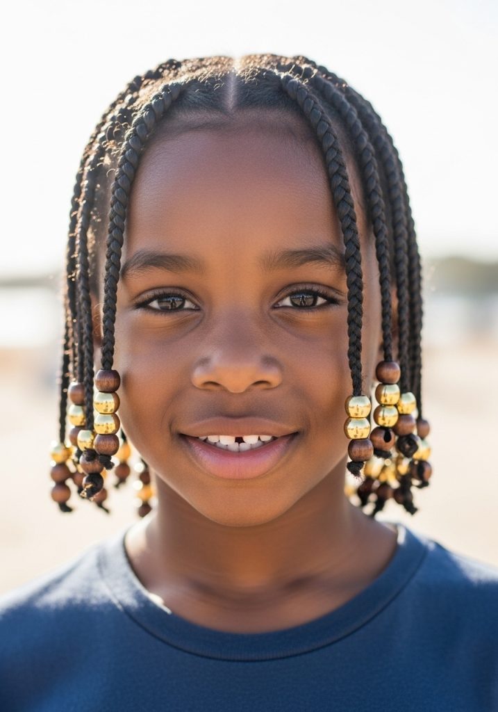 Boy with straight back cornrow hairstyles and beads, classic and cool kids look
