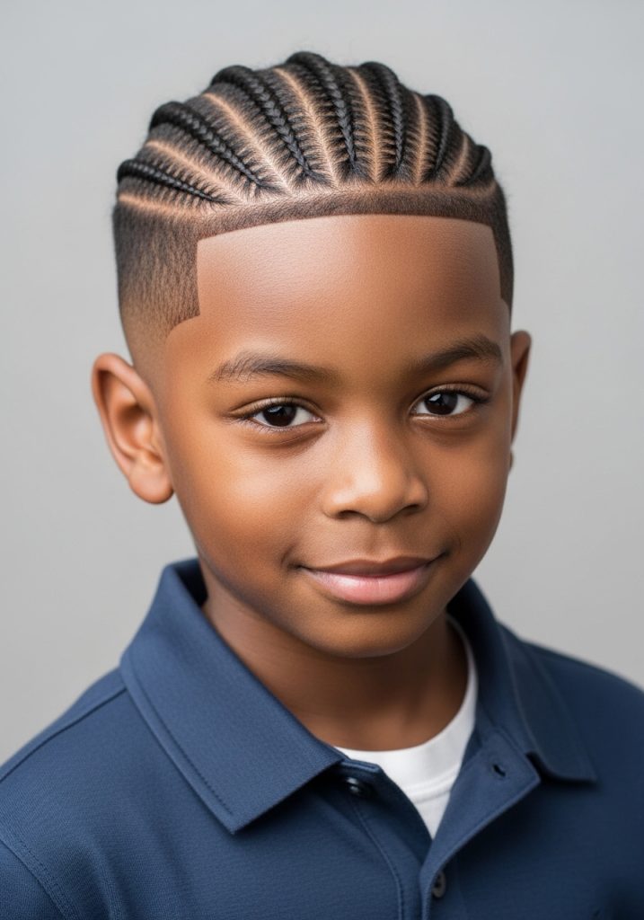 Boy with cornrow hairstyles and fade sides, sharp modern kids barbershop look