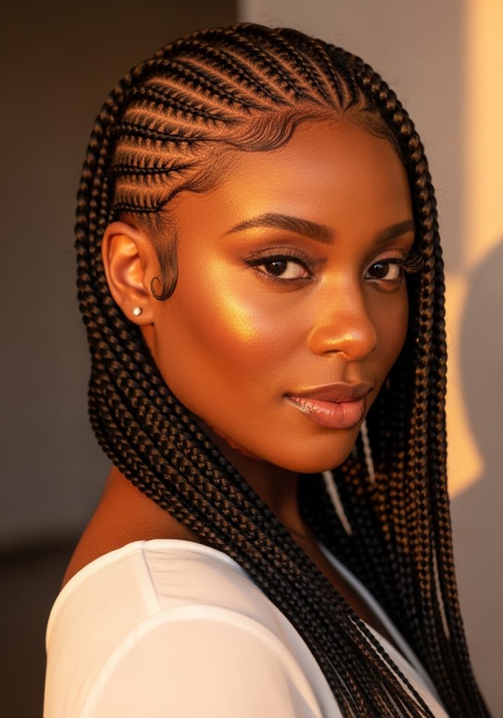 Woman with cornrow hairstyles transitioning into box braids, beautiful combination