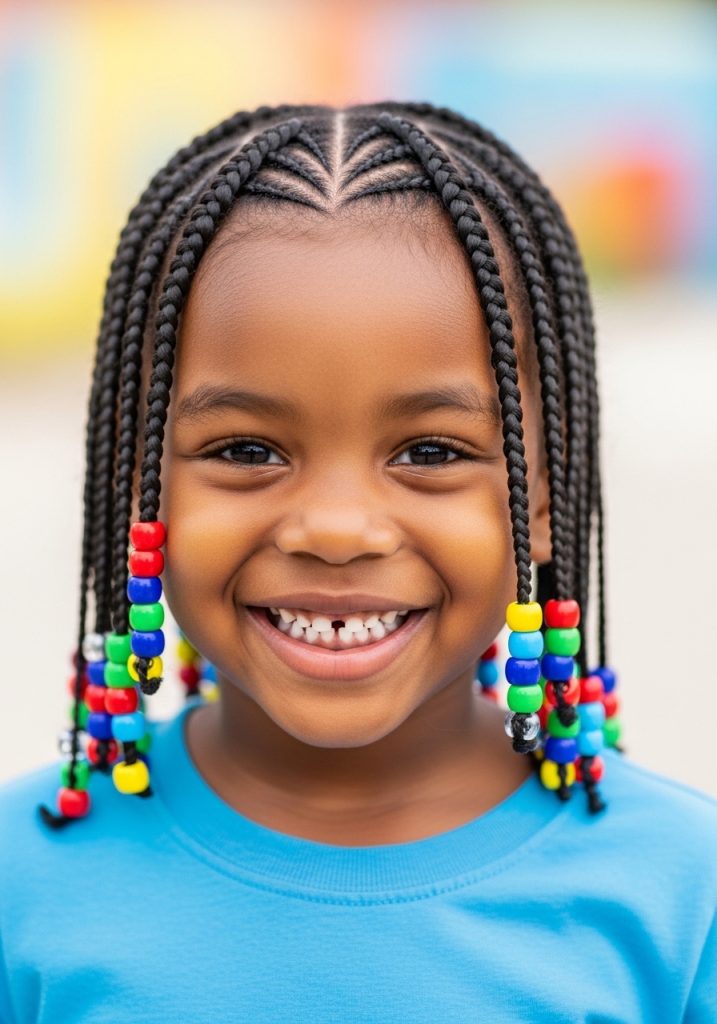 Child with zigzag pattern cornrow hairstyles with colorful beads, fun and adorable