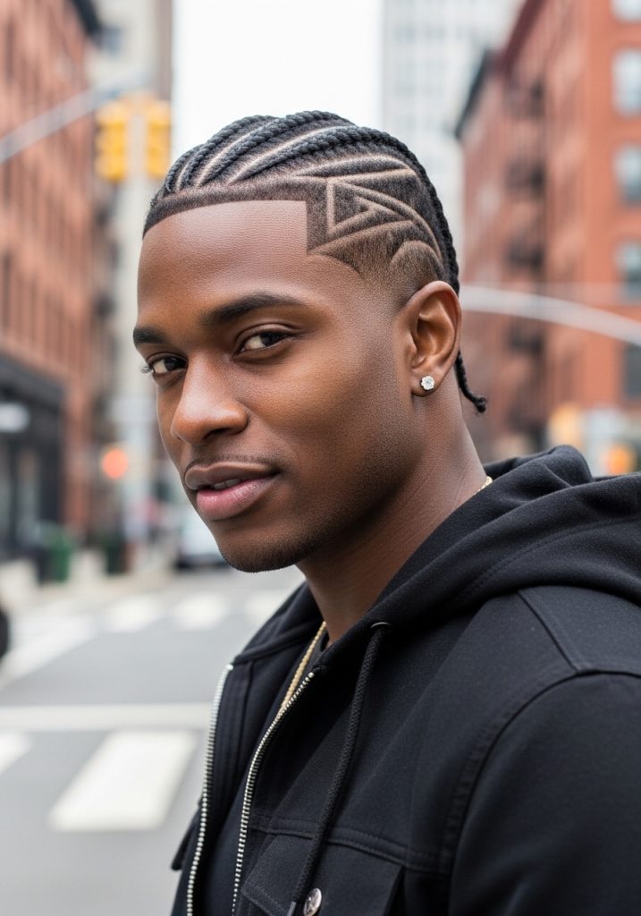 Man with short hair cornrow hairstyles with shaved design, creative and bold look