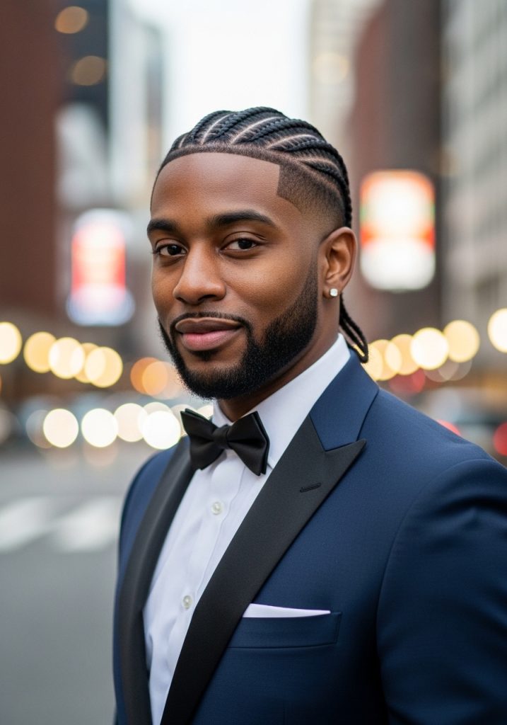 Man with straight back cornrow hairstyles and skin fade sides, sharp modern look