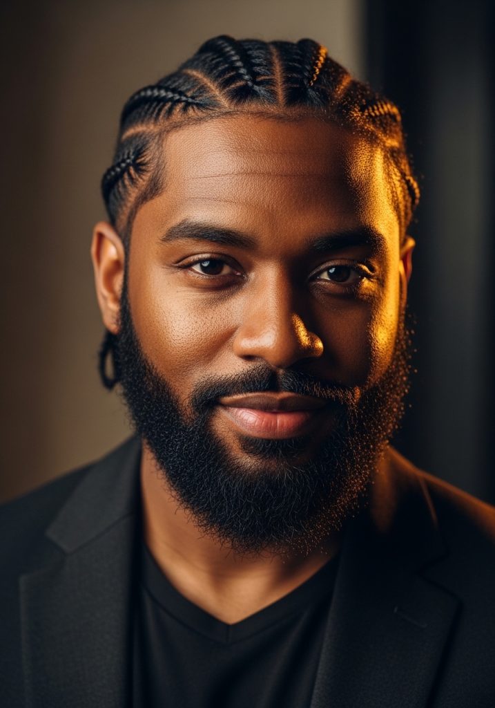 Man with cornrow hairstyles and full beard, powerful masculine combination