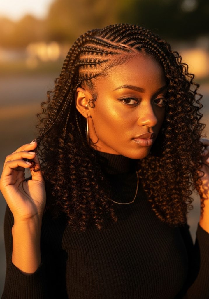 Woman with cornrow hairstyles and curly ends, beautiful textured combination