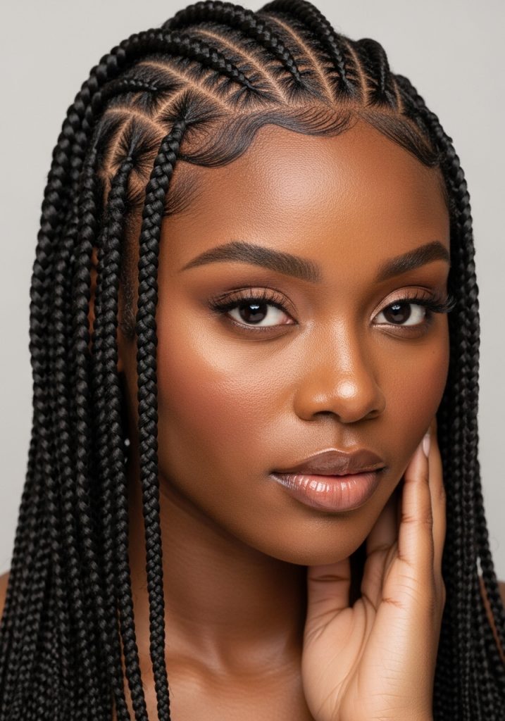 Woman with feed in cornrow hairstyles on natural hair, seamless and beautiful