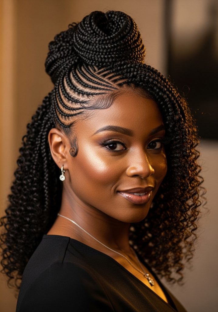 Woman with half up cornrow updo hairstyle on natural hair, elegant and creative