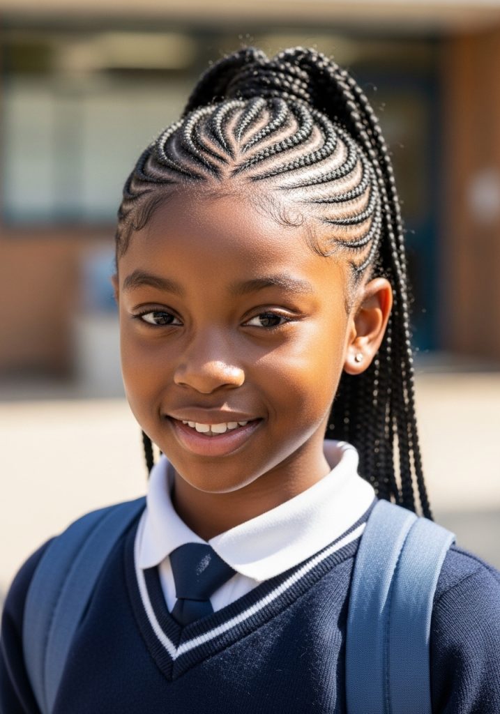 Girl with cornrow hairstyles going into a ponytail for school, neat and practical