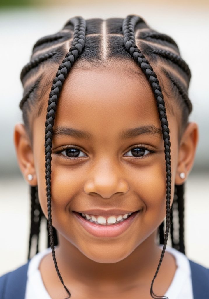 Girl with two cornrow braids hairstyle for school, neat and practical look