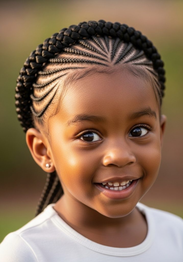 Child with crown cornrow hairstyles, beautiful circular pattern around the head