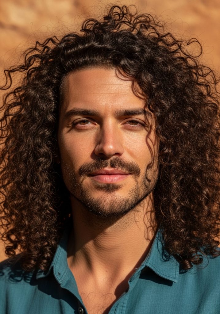 Man with long natural curly gents long hair style, full volume confident look 2026