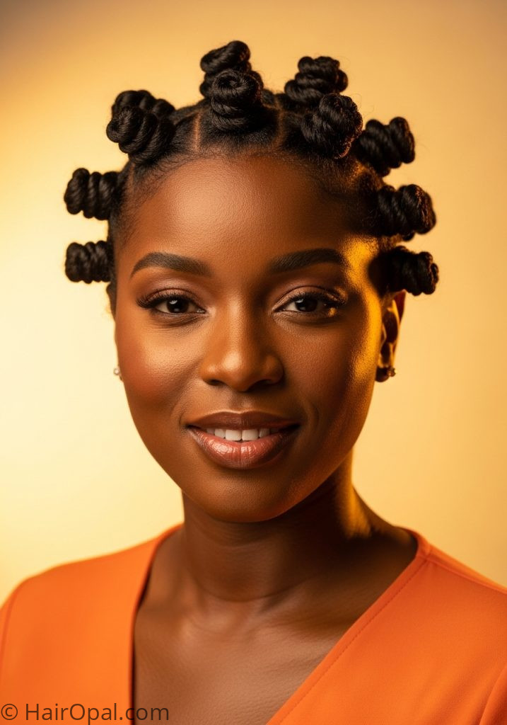 Black woman with Bantu knots curly natural hair hairstyle