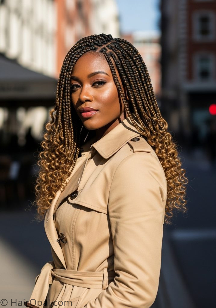 Black woman with box braids and curly ends hairstyle