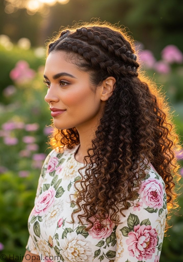 Woman with braided crown hairstyle on natural curly hair