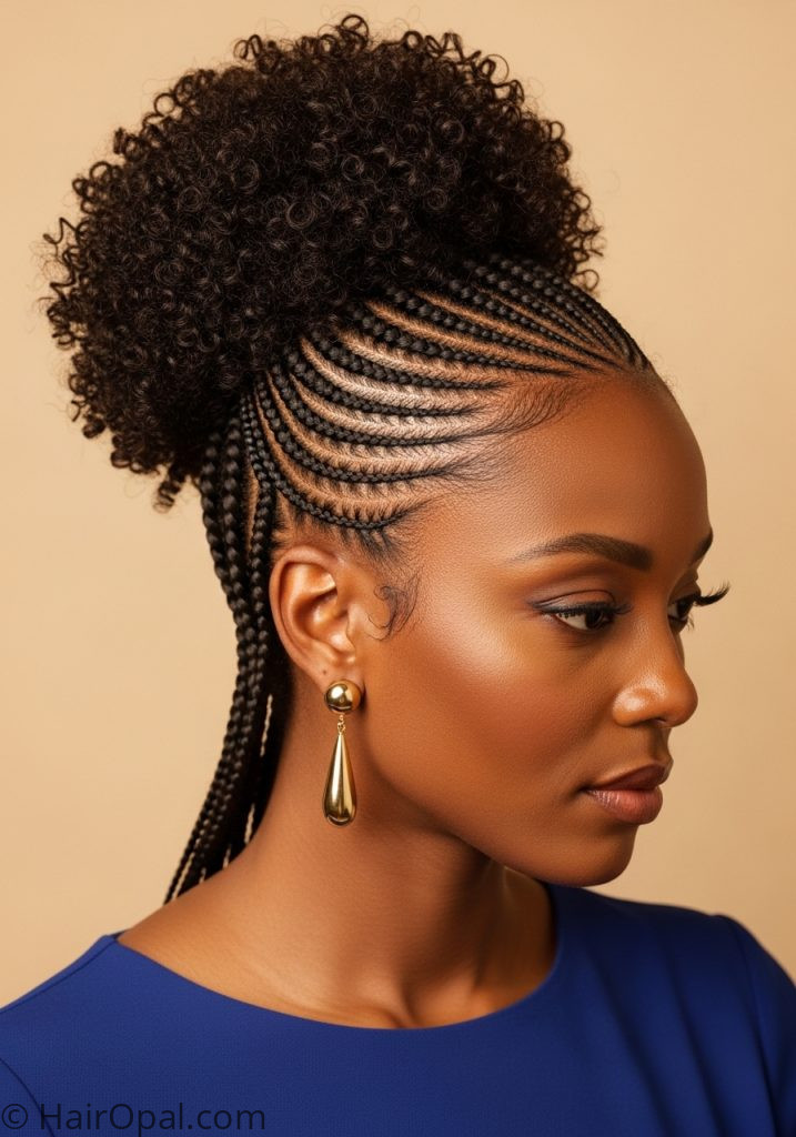 Black woman with cornrow updo and curly top hairstyle
