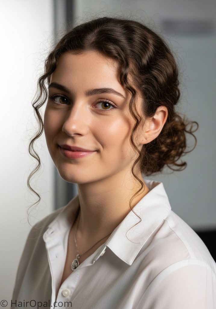 Woman with curly low bun hairstyle for school or work