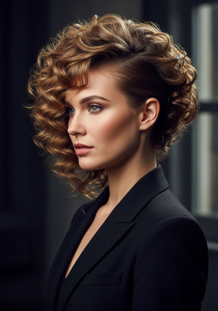 Woman with defined curly hair and deep side part hairstyle