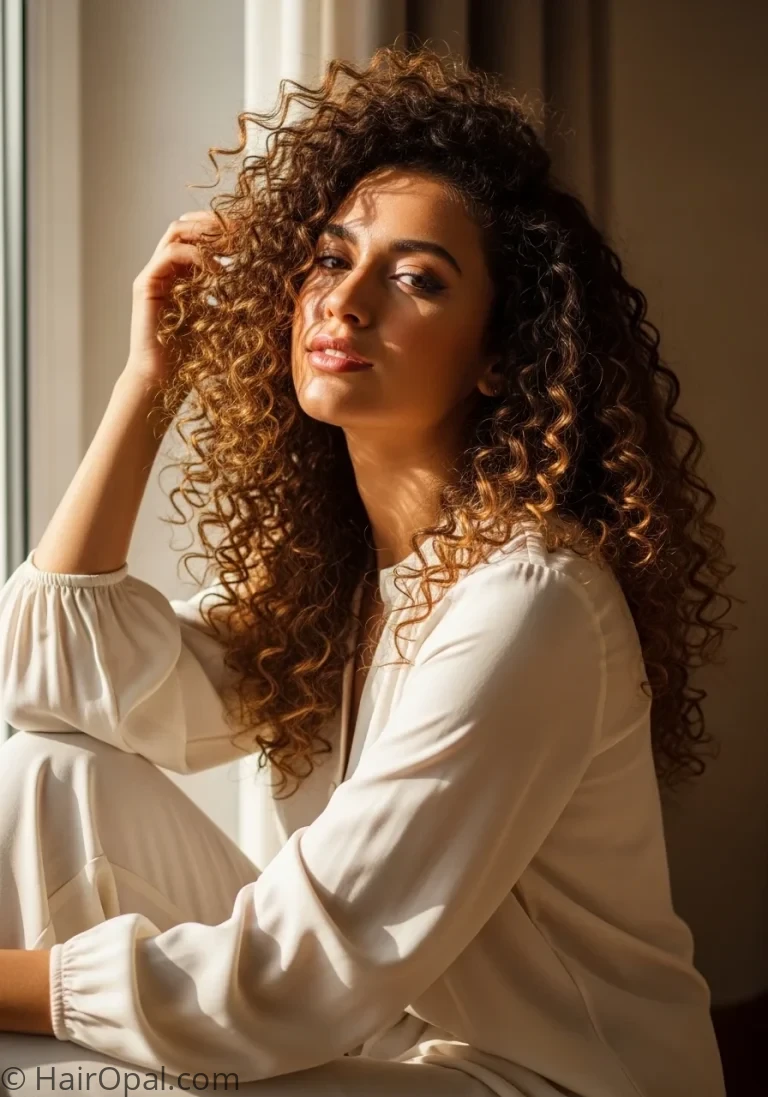 Woman with long defined curly hair hairstyle in natural light