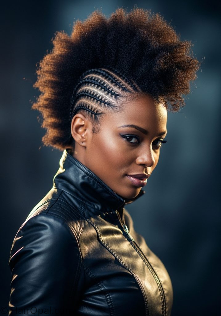 Black woman with natural hair frohawk curly hairstyle