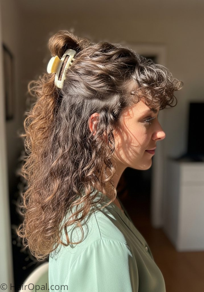 Woman with curly hair in half up half down hairstyle