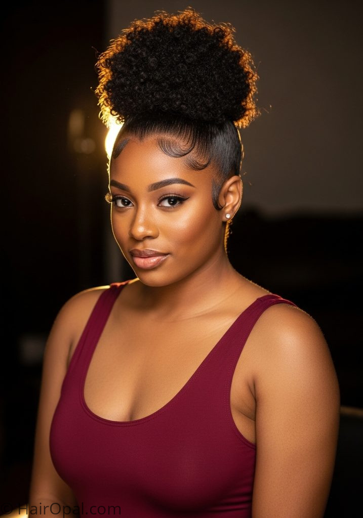 Black woman with high natural curly puff hairstyle