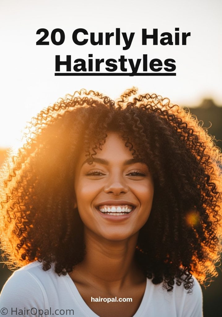 Woman with beautiful natural curly hair with text 20 curly hair hairstyles