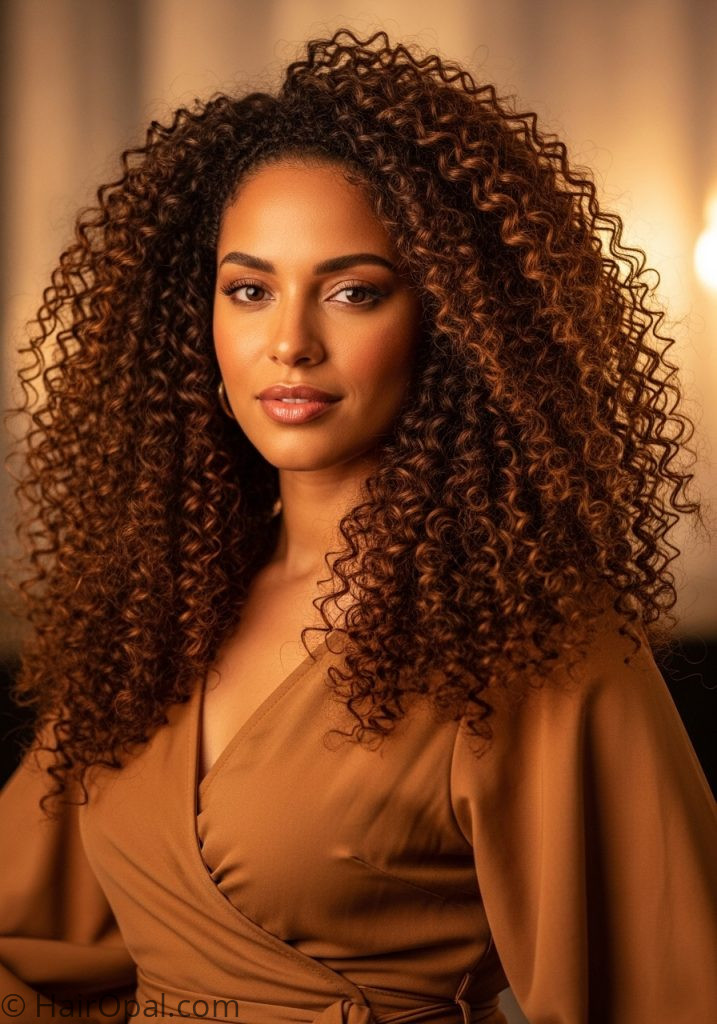 Woman with voluminous loose curly blowout hairstyle