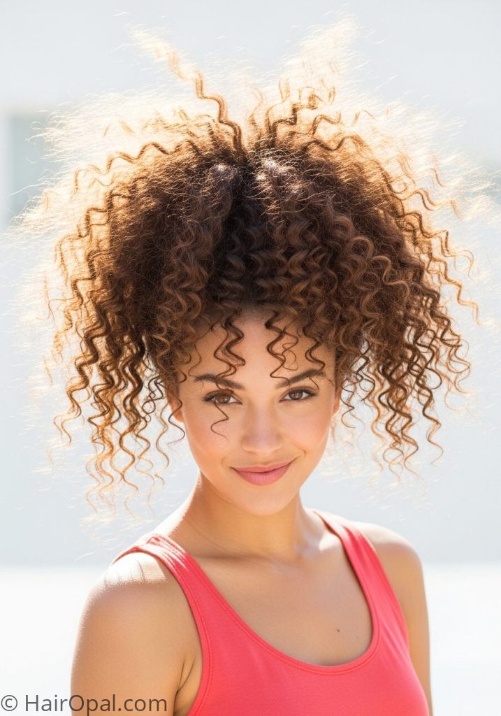 Woman with natural curly pineapple updo hairstyle