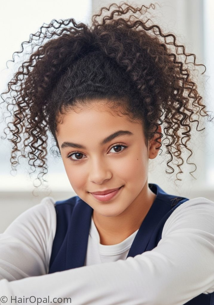 Teenage girl with curly ponytail hairstyle for school