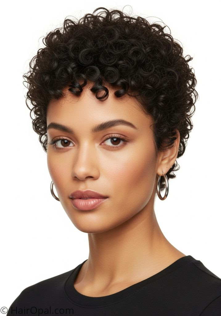 Woman with short curly pixie hairstyle natural hair