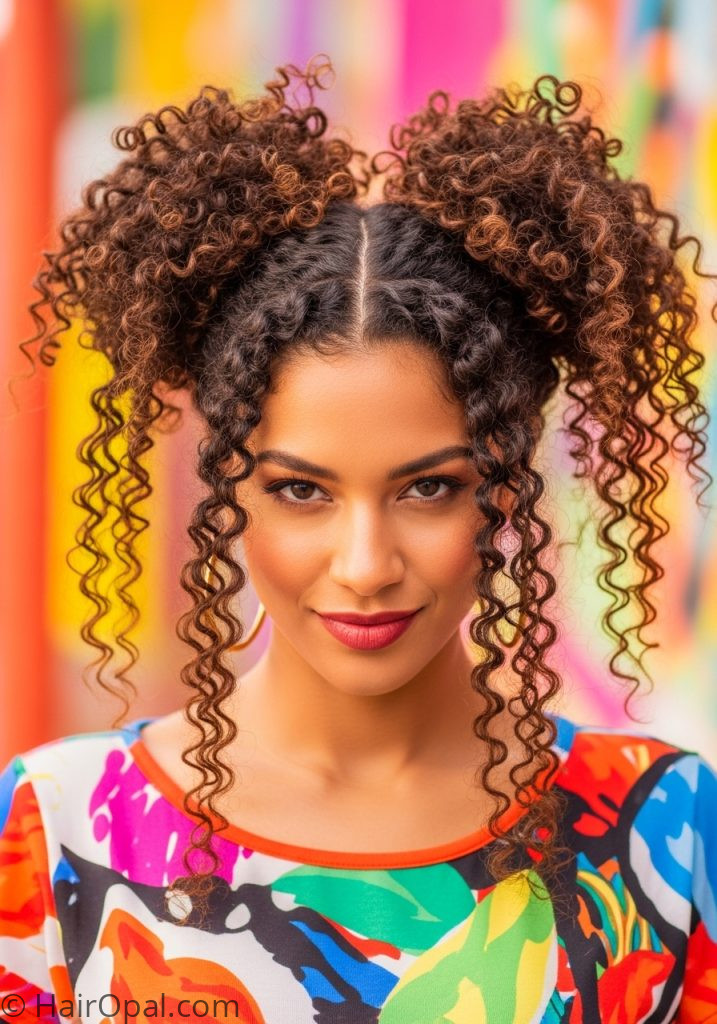 Woman with natural curly space buns hairstyle