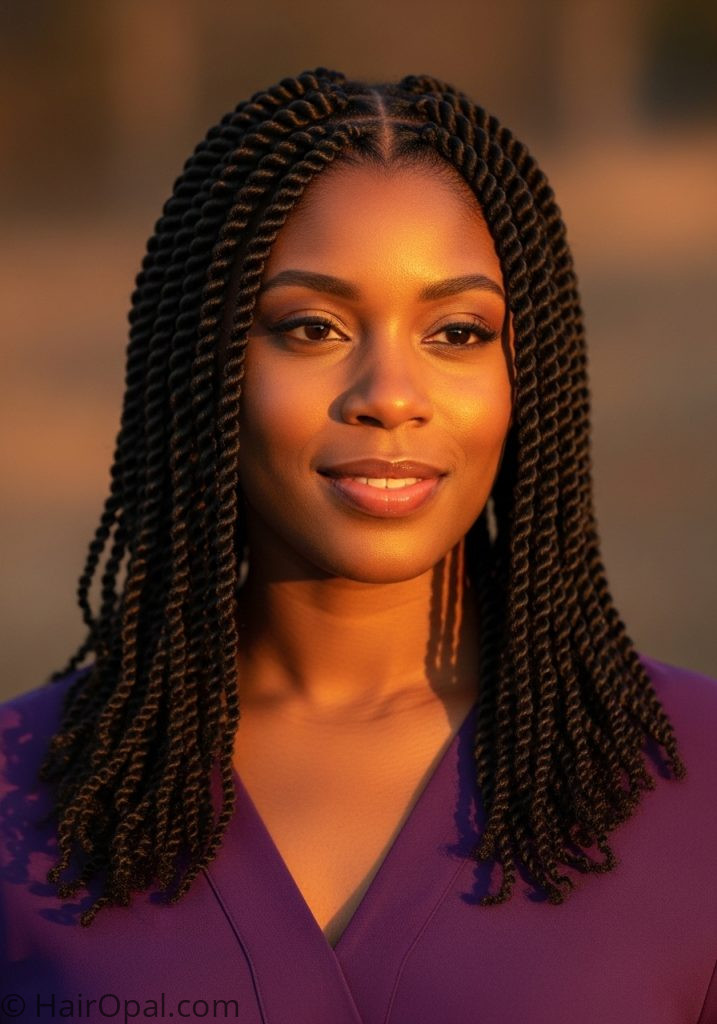 Black woman with two strand twists curly hair hairstyle