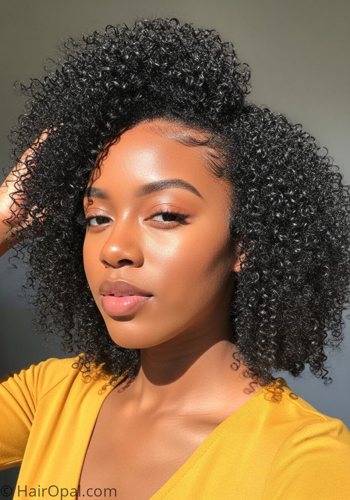 Black woman with defined natural curly hair wash and go hairstyle