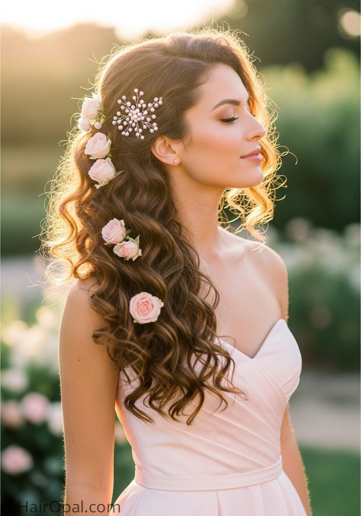 Woman with side swept curly hair hairstyle for wedding