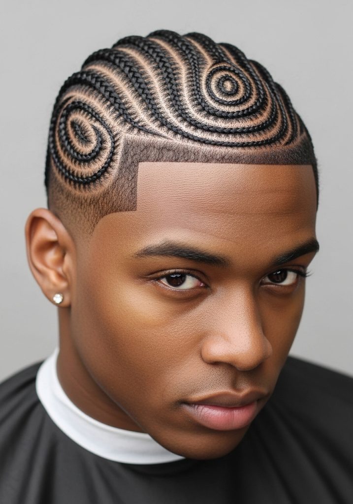 Man with curved cornrow hairstyles, creative patterned design on natural hair