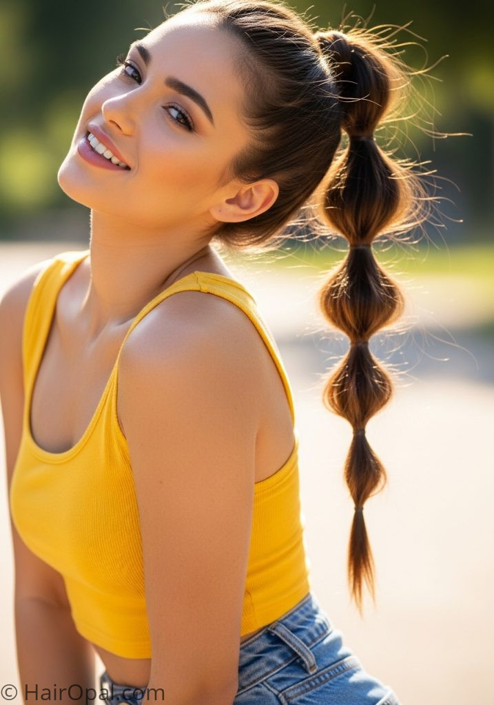 Young woman with bubble braid ponytail cute hairstyles simple braids long hair summer easy