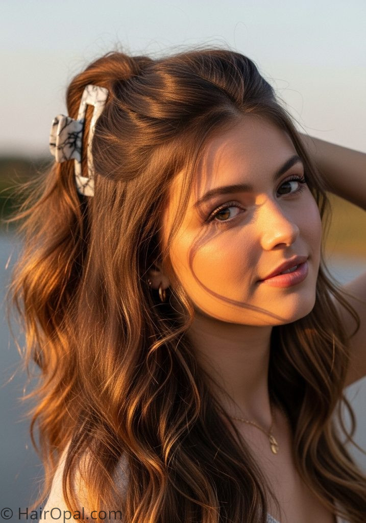 Young woman with claw clip half up cute hairstyles simple easy up medium long