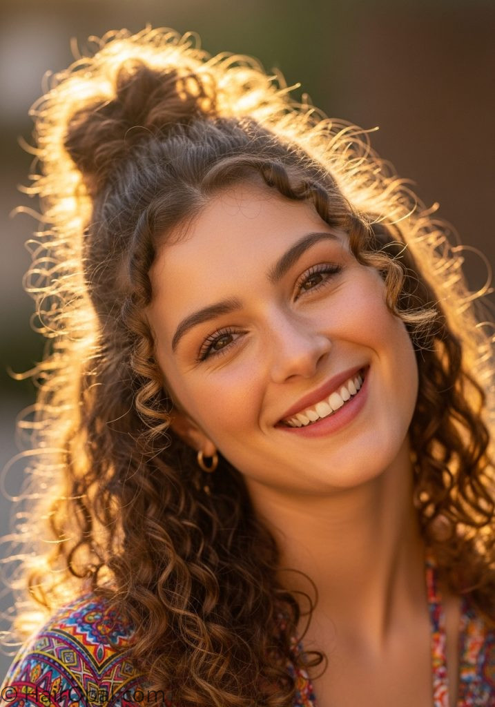 Young woman with curly half up bun cute hairstyles simple curly easy up down