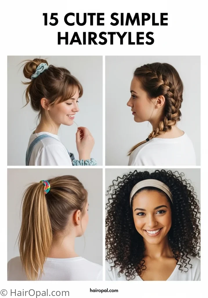 Collage of four cute simple hairstyles with text 15 cute simple hairstyles